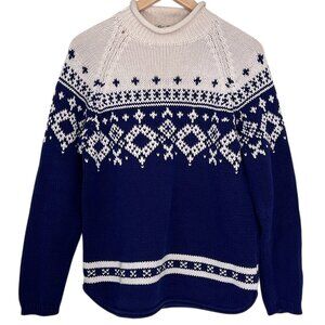 VTG Eddie Bauer Nordic Fair Isle 100% Cotton Roll Neck Blue Sweater Women S/P